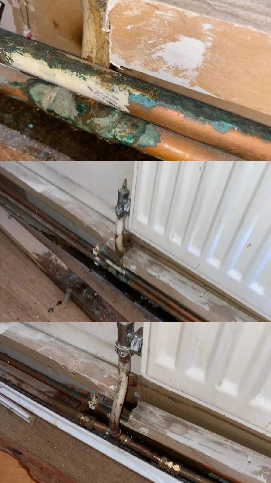 Why it needed doing — heavy verdigris and corrosion on the heating pipework under a radiator, with staining down to the skirting.