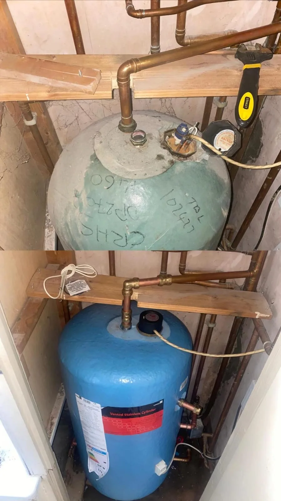Before and after — the old foam-lagged copper cylinder above, the new vented stainless one below.
