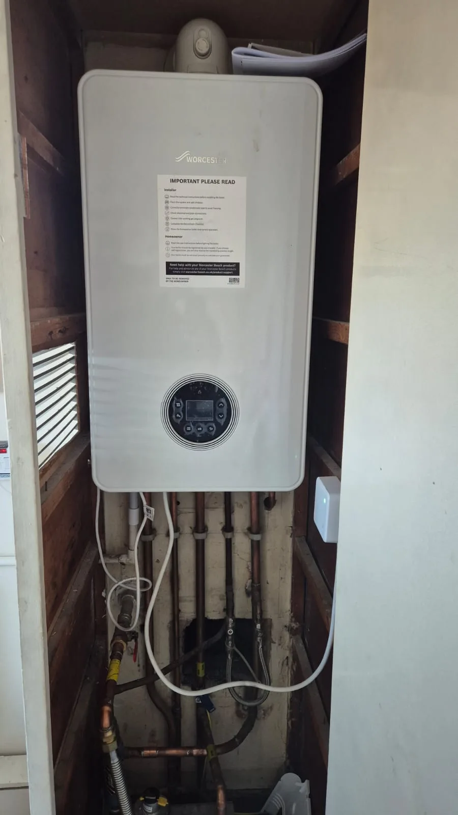 New Worcester in place with fresh copper and the condensate run below.